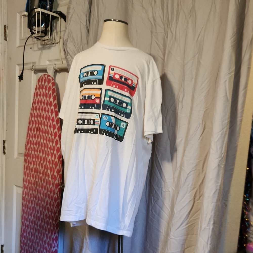 White Graphic Tee with Cassette Design
